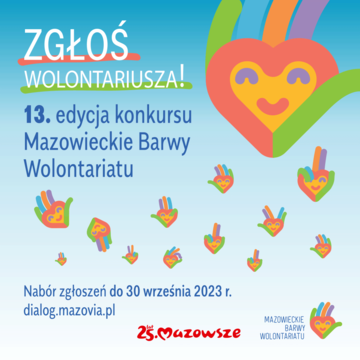 Plakat konkursu Mazowieckie Barwy Wolontariatu - edycja 2023. Wszystkie informacje z plakatu zawarte są w treści artykułu. 